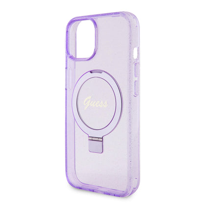 Coque MagSafe pour Apple iPhone 15 Plus, Guess, Ring Stand Script Glitter, Violet