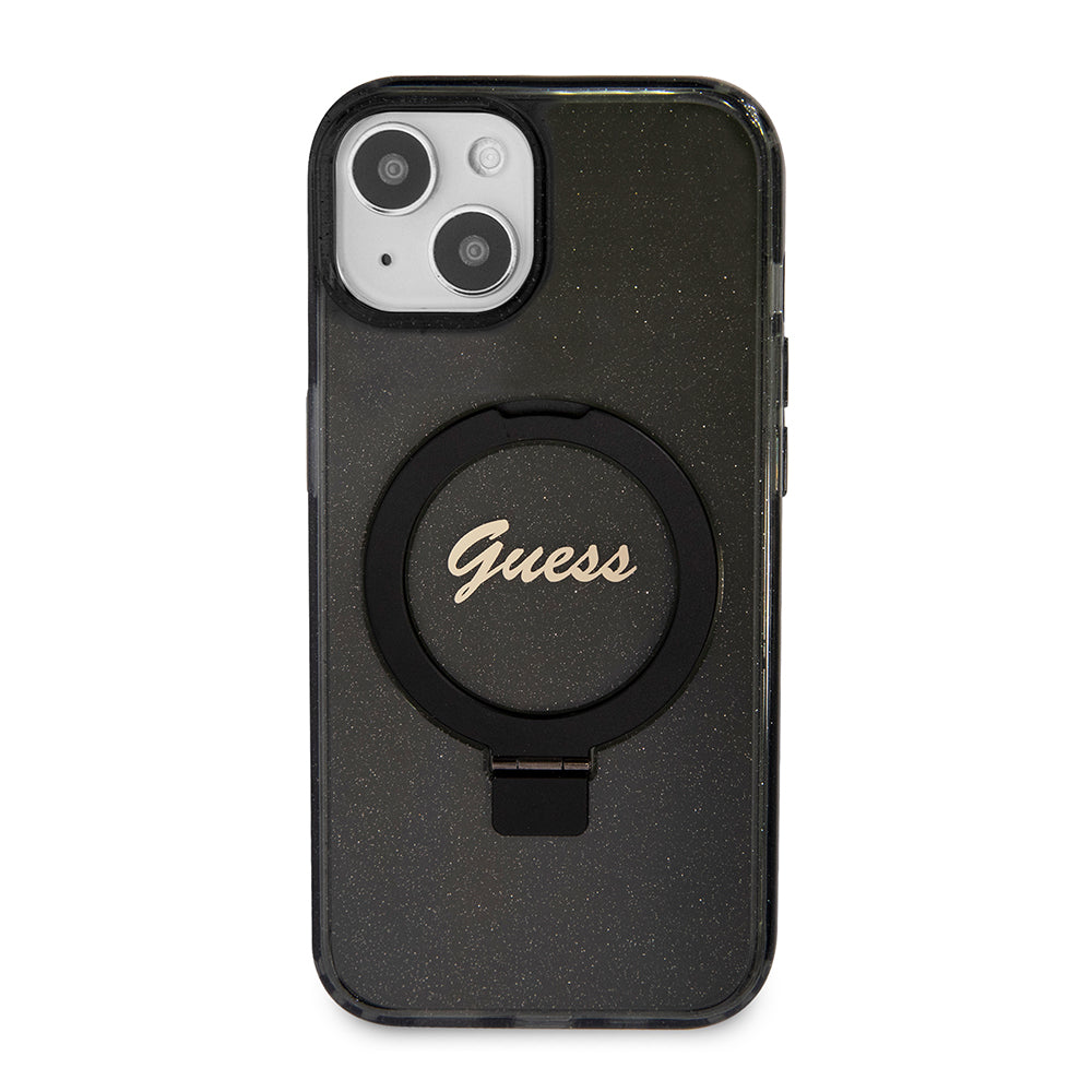 Étui MagSafe pour Apple iPhone 15 Plus, Guess, Ring Stand Script Glitter, Noir