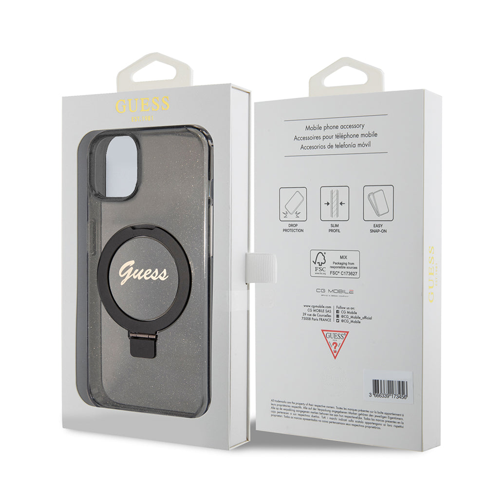 Étui MagSafe pour Apple iPhone 15 Plus, Guess, Ring Stand Script Glitter, Noir