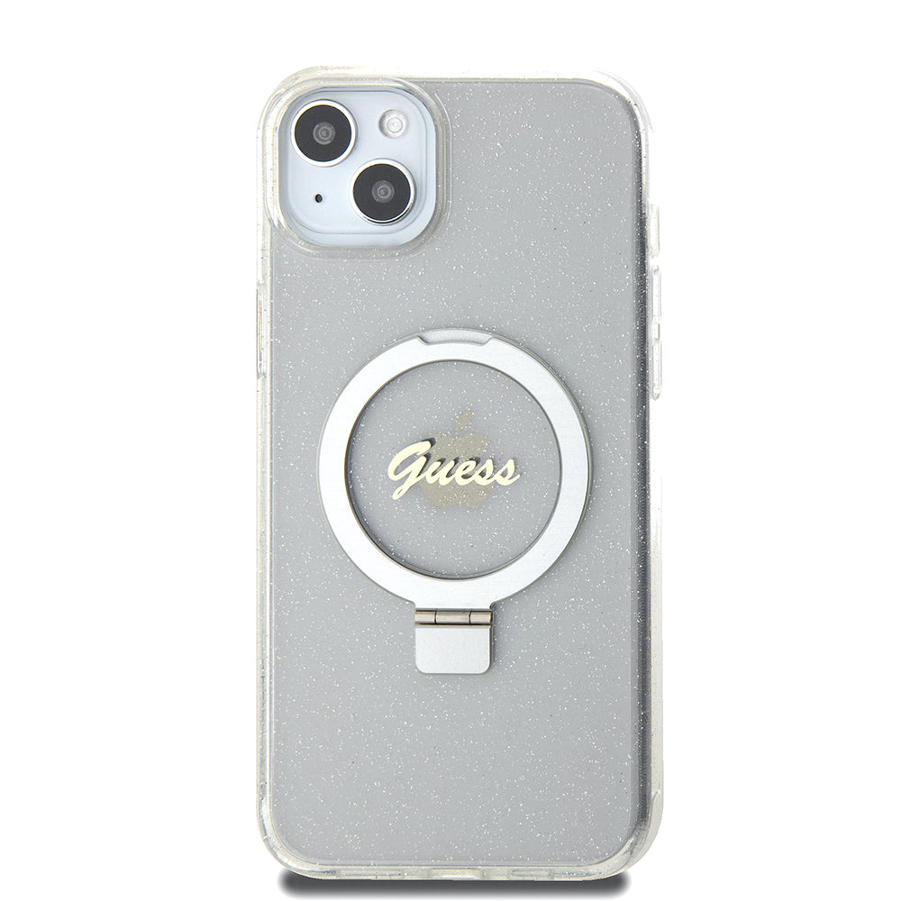 Coque MagSafe pour Apple iPhone 15 Plus, Guess, Ring Stand Script Glitter, Transparente