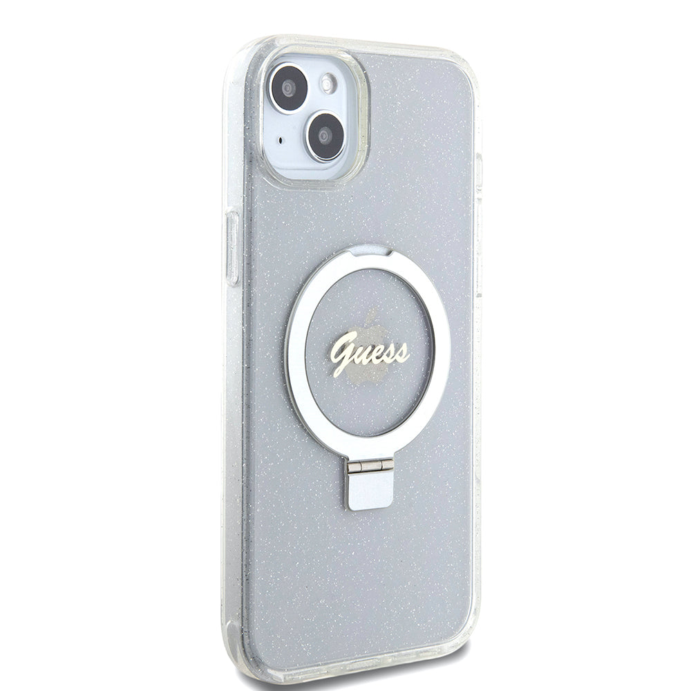Coque MagSafe pour Apple iPhone 15 Plus, Guess, Ring Stand Script Glitter, Transparente