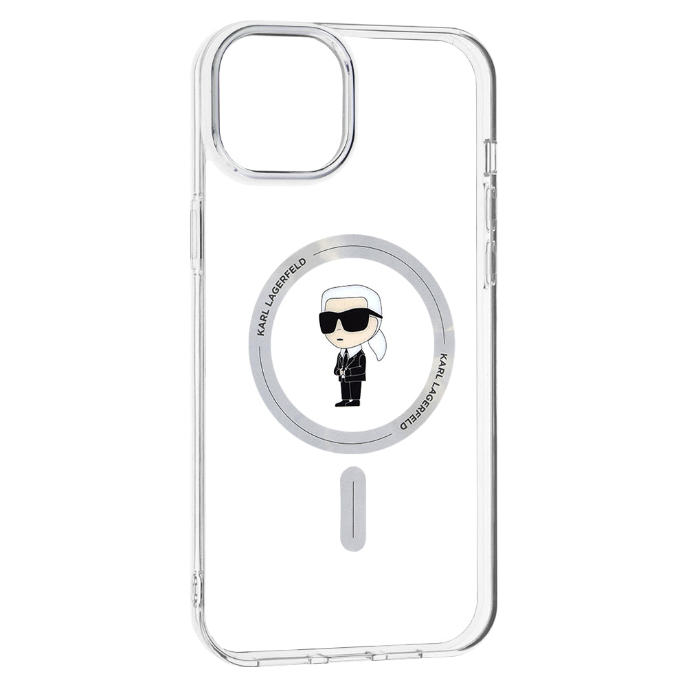 Coque MagSafe pour Apple iPhone 15 Plus, Karl Lagerfeld, IML Ikonik Karl, Transparente