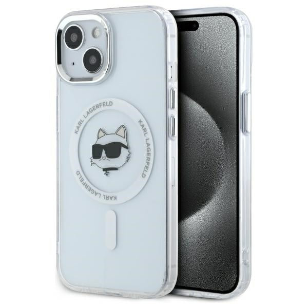 Coque MagSafe pour Apple iPhone 15 Plus, Karl Lagerfeld, IML Metal Choupette's Head, Blanche