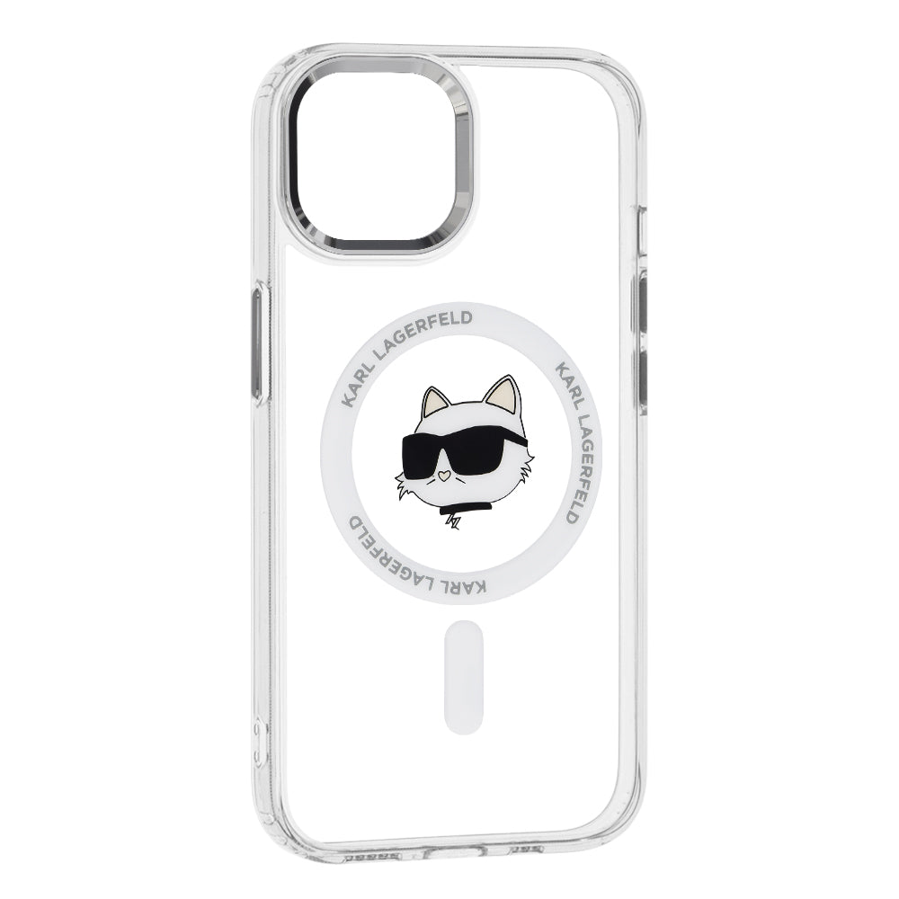 Coque MagSafe pour Apple iPhone 15 Plus, Karl Lagerfeld, IML Metal Choupette's Head, Blanche