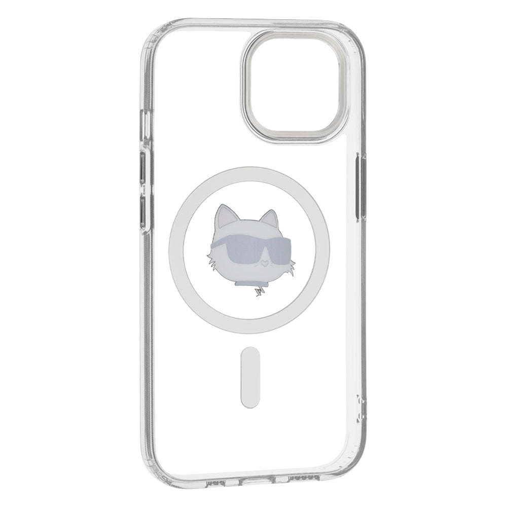 Coque MagSafe pour Apple iPhone 15 Plus, Karl Lagerfeld, IML Metal Choupette's Head, Blanche