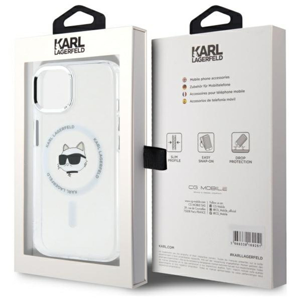 Coque MagSafe pour Apple iPhone 15 Plus, Karl Lagerfeld, IML Metal Choupette's Head, Blanche