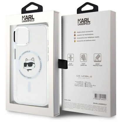 Coque MagSafe pour Apple iPhone 15 Plus, Karl Lagerfeld, IML Metal Choupette's Head, Blanche