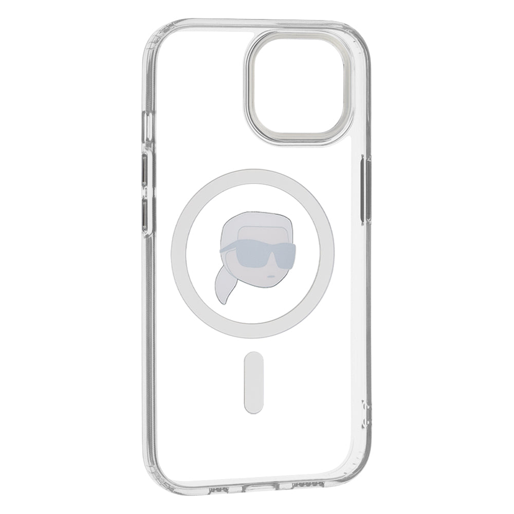 Étui MagSafe pour Apple iPhone 15 Plus, Karl Lagerfeld, IML Metal Karl's Head, Blanc