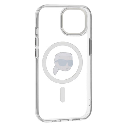 Étui MagSafe pour Apple iPhone 15 Plus, Karl Lagerfeld, IML Metal Karl's Head, Blanc