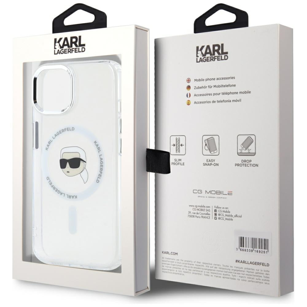 Étui MagSafe pour Apple iPhone 15 Plus, Karl Lagerfeld, IML Metal Karl's Head, Blanc