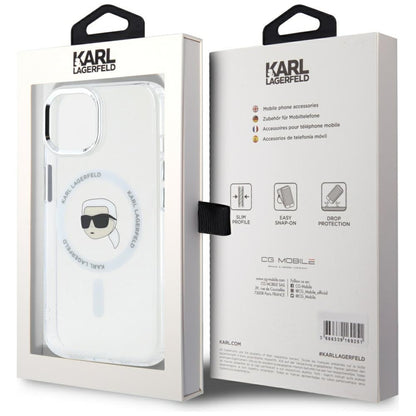 Étui MagSafe pour Apple iPhone 15 Plus, Karl Lagerfeld, IML Metal Karl's Head, Blanc