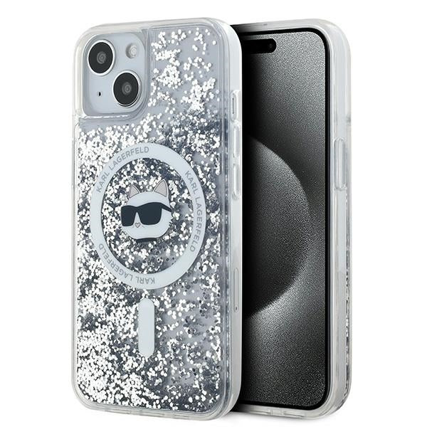 Coque MagSafe pour Apple iPhone 15 Plus, Karl Lagerfeld, Liquid Glitter Choupette's Head, Transparente