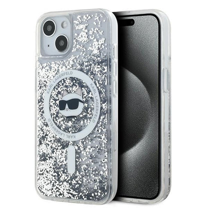 Coque MagSafe pour Apple iPhone 15 Plus, Karl Lagerfeld, Liquid Glitter Choupette's Head, Transparente