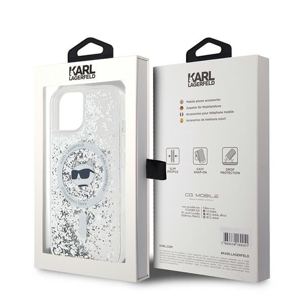 Coque MagSafe pour Apple iPhone 15 Plus, Karl Lagerfeld, Liquid Glitter Choupette's Head, Transparente