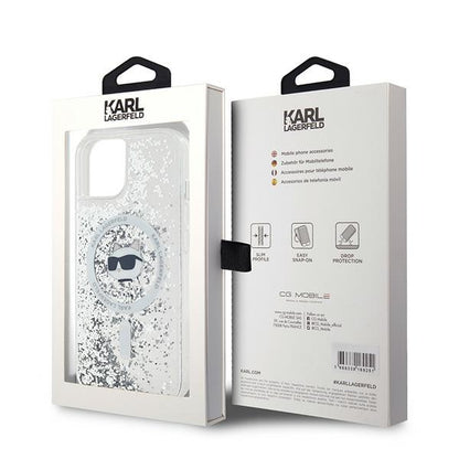 Coque MagSafe pour Apple iPhone 15 Plus, Karl Lagerfeld, Liquid Glitter Choupette's Head, Transparente