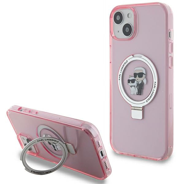 Coque MagSafe pour Apple iPhone 15 Plus, Karl Lagerfeld, Ring Stand Karl & Choupette, Rose