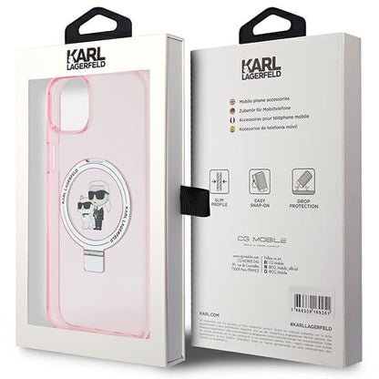 Coque MagSafe pour Apple iPhone 15 Plus, Karl Lagerfeld, Ring Stand Karl & Choupette, Rose