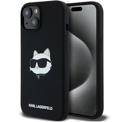 Étui MagSafe pour Apple iPhone 15 Plus, Karl Lagerfeld, Silicone Tête de Choupette, Noir