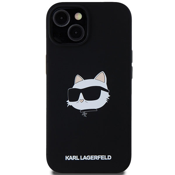 Étui MagSafe pour Apple iPhone 15 Plus, Karl Lagerfeld, Silicone Tête de Choupette, Noir