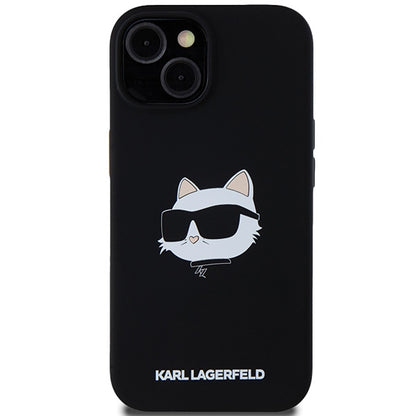 Étui MagSafe pour Apple iPhone 15 Plus, Karl Lagerfeld, Silicone Tête de Choupette, Noir