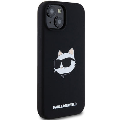 Étui MagSafe pour Apple iPhone 15 Plus, Karl Lagerfeld, Silicone Tête de Choupette, Noir