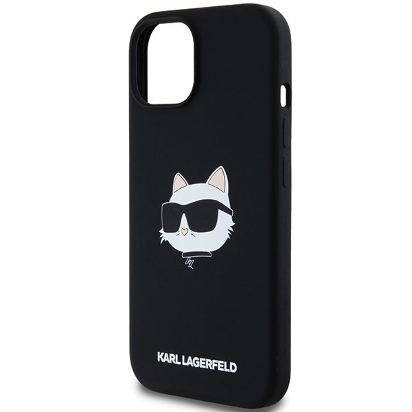 Étui MagSafe pour Apple iPhone 15 Plus, Karl Lagerfeld, Silicone Tête de Choupette, Noir