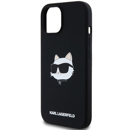 Étui MagSafe pour Apple iPhone 15 Plus, Karl Lagerfeld, Silicone Tête de Choupette, Noir