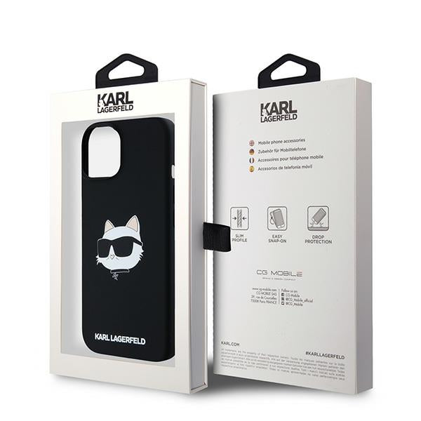 Étui MagSafe pour Apple iPhone 15 Plus, Karl Lagerfeld, Silicone Tête de Choupette, Noir