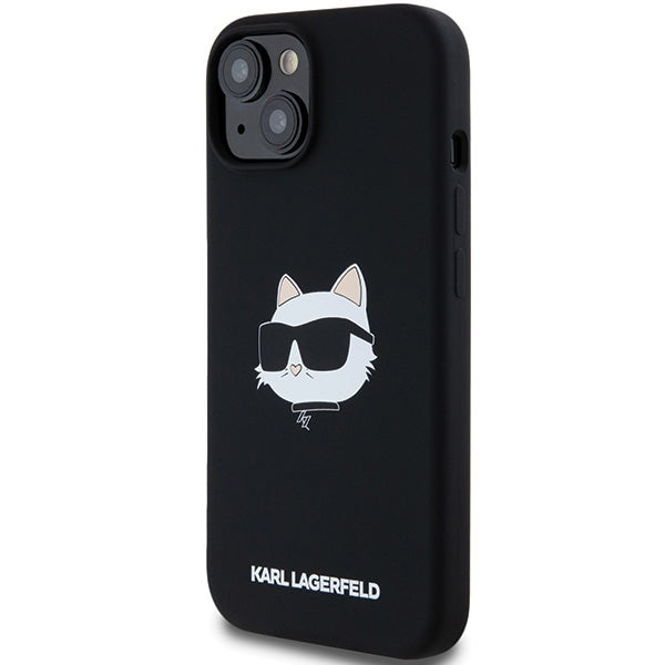 Étui MagSafe pour Apple iPhone 15 Plus, Karl Lagerfeld, Silicone Tête de Choupette, Noir
