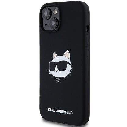 Étui MagSafe pour Apple iPhone 15 Plus, Karl Lagerfeld, Silicone Tête de Choupette, Noir