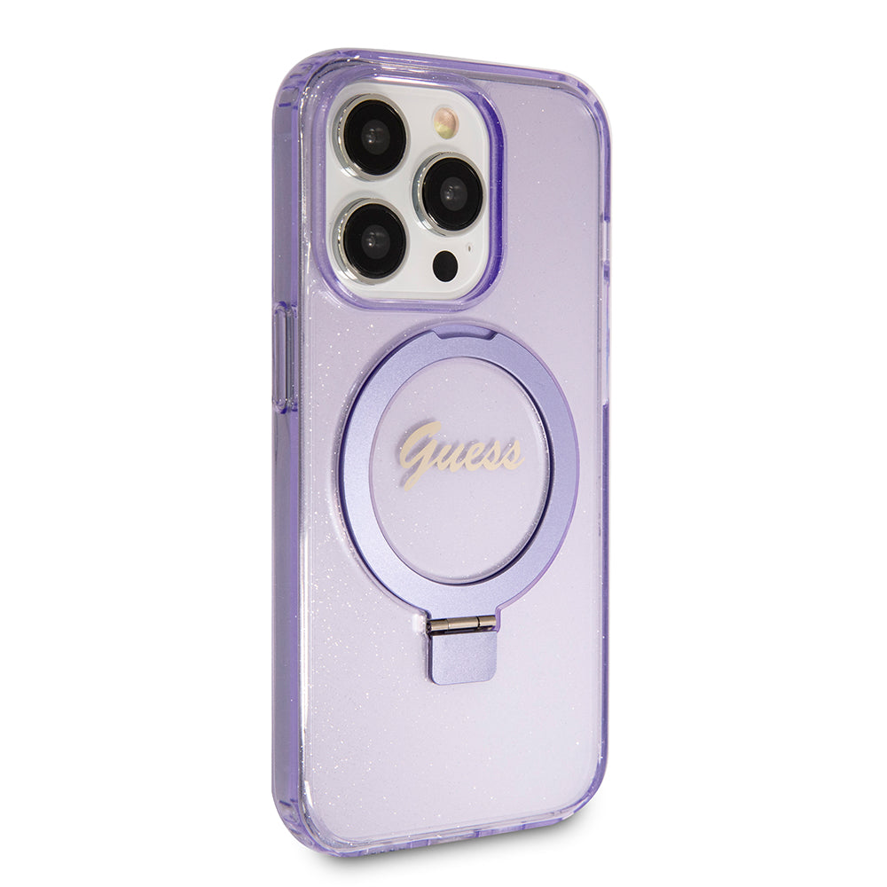 Coque MagSafe pour Apple iPhone 15 Pro, Guess, IML Ring Stand Glitter, Violet