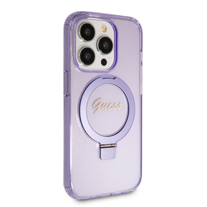 Coque MagSafe pour Apple iPhone 15 Pro, Guess, IML Ring Stand Glitter, Violet