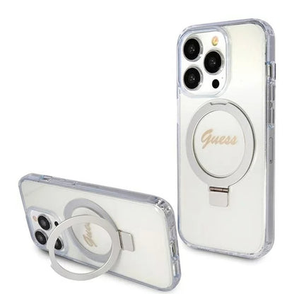Coque MagSafe pour Apple iPhone 15 Pro, Guess, IML Ring Stand Glitter, Transparente