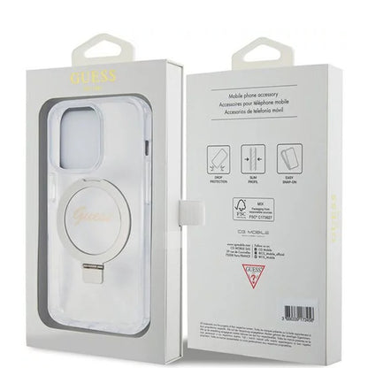 Coque MagSafe pour Apple iPhone 15 Pro, Guess, IML Ring Stand Glitter, Transparente