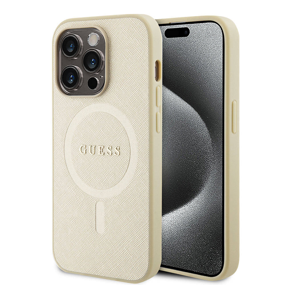 Étui MagSafe pour Apple iPhone 15 Pro, Guess, Saffiano, Beige