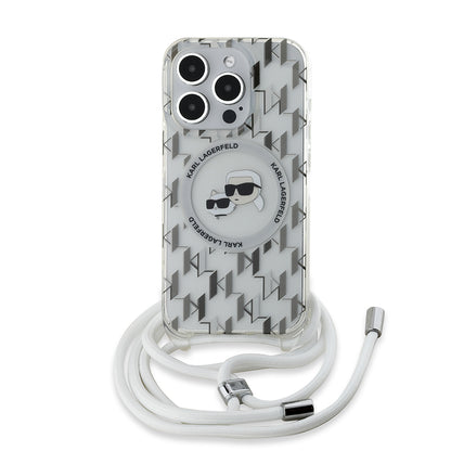 Étui MagSafe pour Apple iPhone 15 Pro, Karl Lagerfeld, IML Crossbody Monogramme Karl & Têtes de Choupette, Transparent