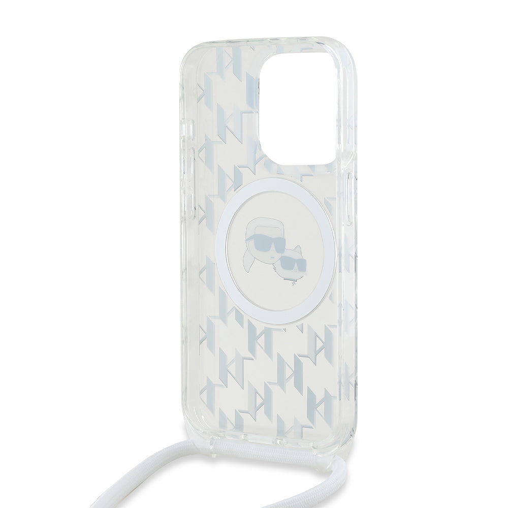 Étui MagSafe pour Apple iPhone 15 Pro, Karl Lagerfeld, IML Crossbody Monogramme Karl & Têtes de Choupette, Transparent