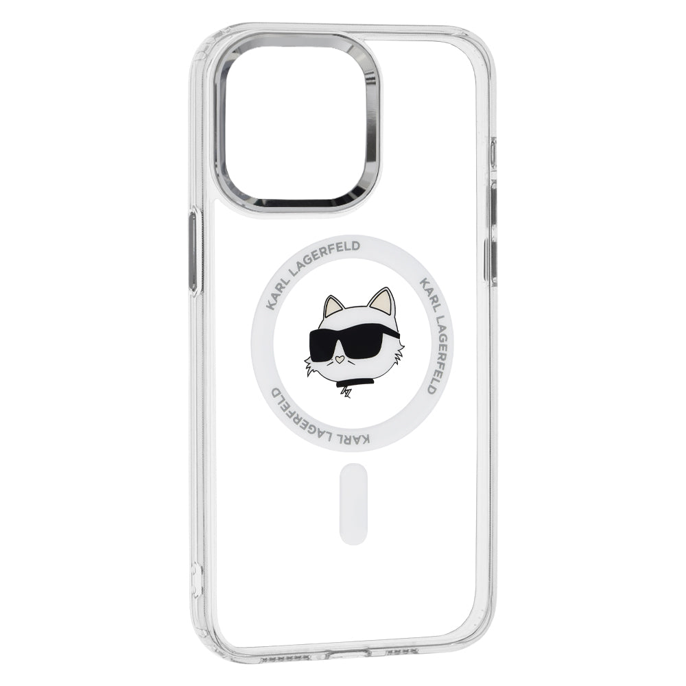 Étui MagSafe pour Apple iPhone 15 Pro, Karl Lagerfeld, IML Metal Choupette's Head, Blanc.