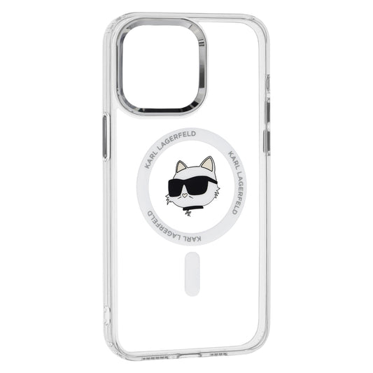 Étui MagSafe pour Apple iPhone 15 Pro, Karl Lagerfeld, IML Metal Choupette's Head, Blanc.