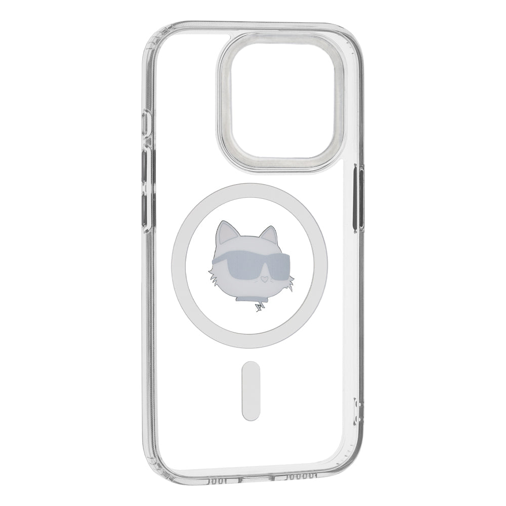 Étui MagSafe pour Apple iPhone 15 Pro, Karl Lagerfeld, IML Metal Choupette's Head, Blanc.