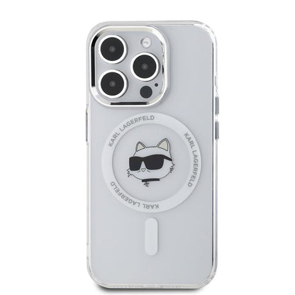 Étui MagSafe pour Apple iPhone 15 Pro, Karl Lagerfeld, IML Metal Choupette's Head, Blanc.