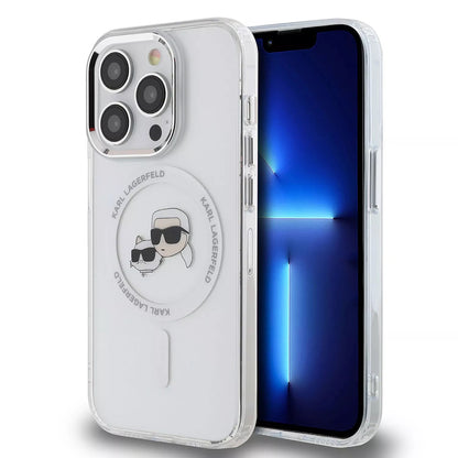 Coque MagSafe pour Apple iPhone 15 Pro, Karl Lagerfeld, IML Metal Karl & Choupette's Heads, Blanche