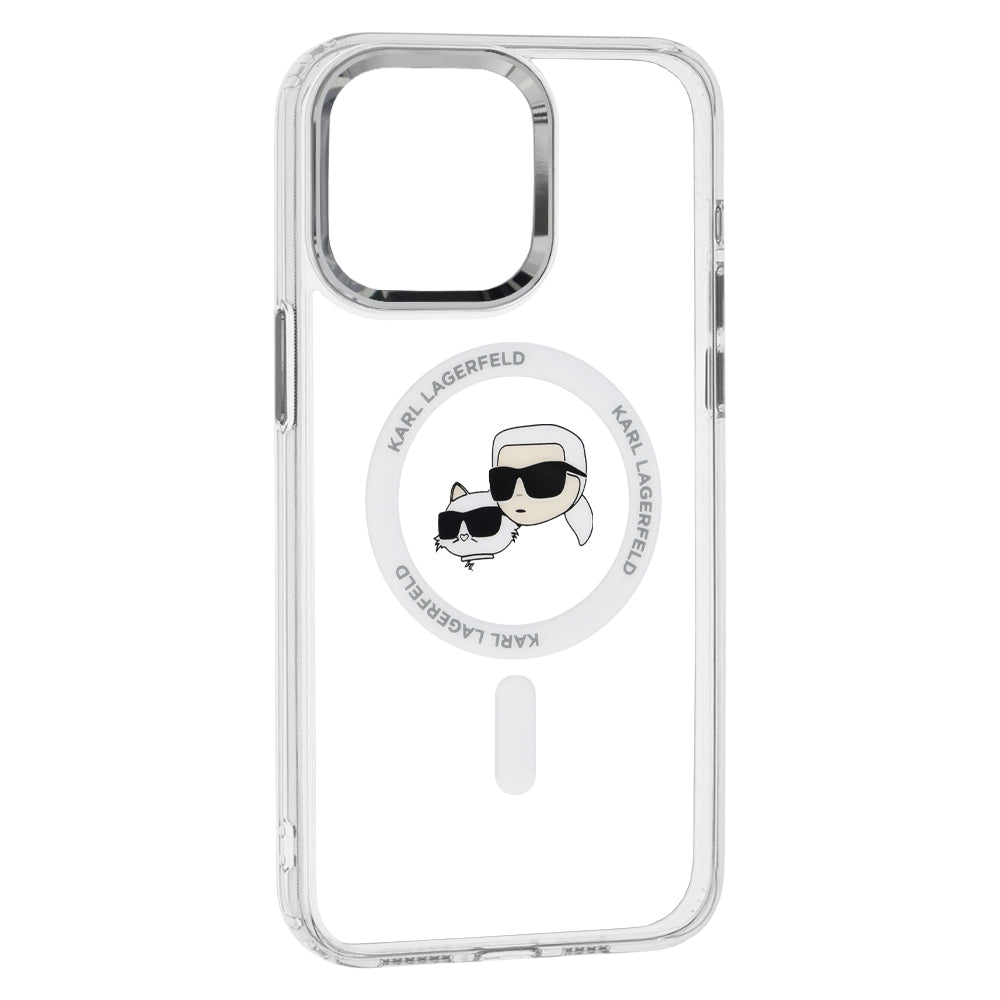 Coque MagSafe pour Apple iPhone 15 Pro, Karl Lagerfeld, IML Metal Karl & Choupette's Heads, Blanche