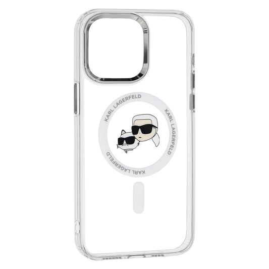 Coque MagSafe pour Apple iPhone 15 Pro, Karl Lagerfeld, IML Metal Karl & Choupette's Heads, Blanche