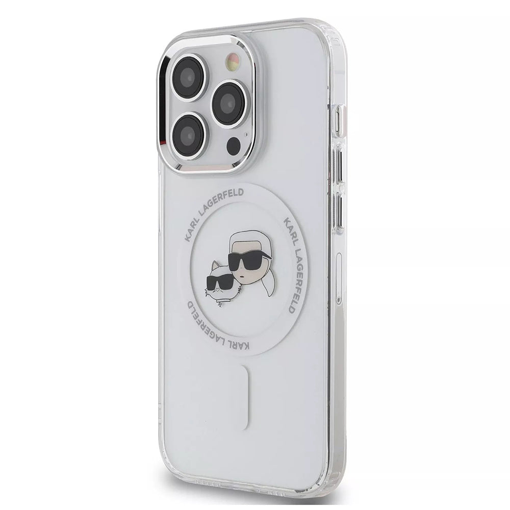 Coque MagSafe pour Apple iPhone 15 Pro, Karl Lagerfeld, IML Metal Karl & Choupette's Heads, Blanche