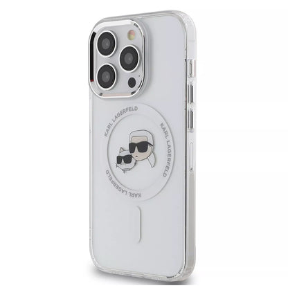 Coque MagSafe pour Apple iPhone 15 Pro, Karl Lagerfeld, IML Metal Karl & Choupette's Heads, Blanche