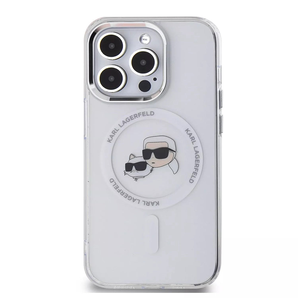 Coque MagSafe pour Apple iPhone 15 Pro, Karl Lagerfeld, IML Metal Karl & Choupette's Heads, Blanche