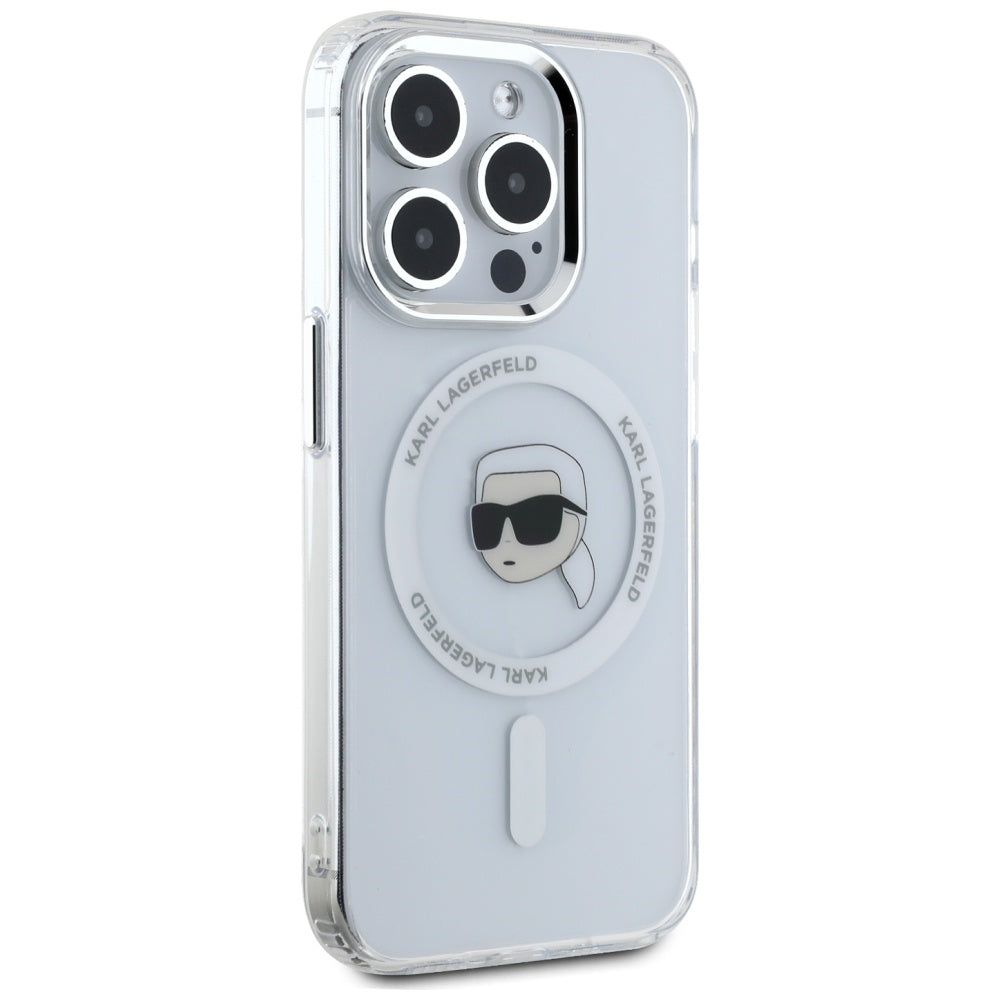 Étui MagSafe pour Apple iPhone 15 Pro, Karl Lagerfeld, IML Métal Tête de Karl, Blanc