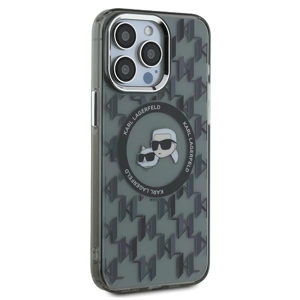 Étui MagSafe pour Apple iPhone 15 Pro, Karl Lagerfeld, IML Monogramme Karl & Têtes de Choupette, Noir