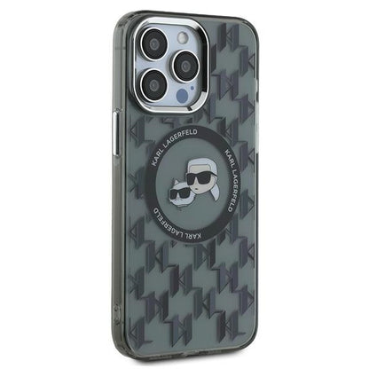 Étui MagSafe pour Apple iPhone 15 Pro, Karl Lagerfeld, IML Monogramme Karl & Têtes de Choupette, Noir